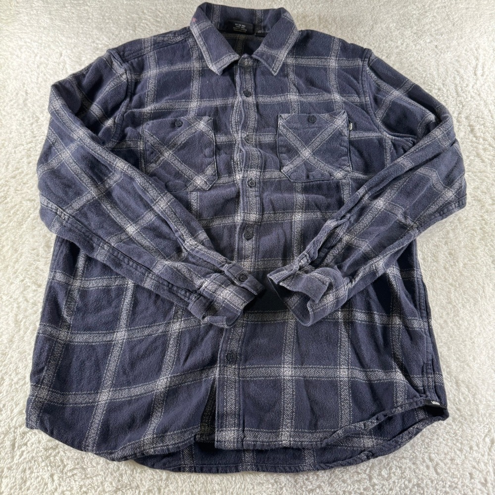 Vans Flannel Button Up Shirt Collared‎ Navy Blue Plaid Medium Off The Wall Clean